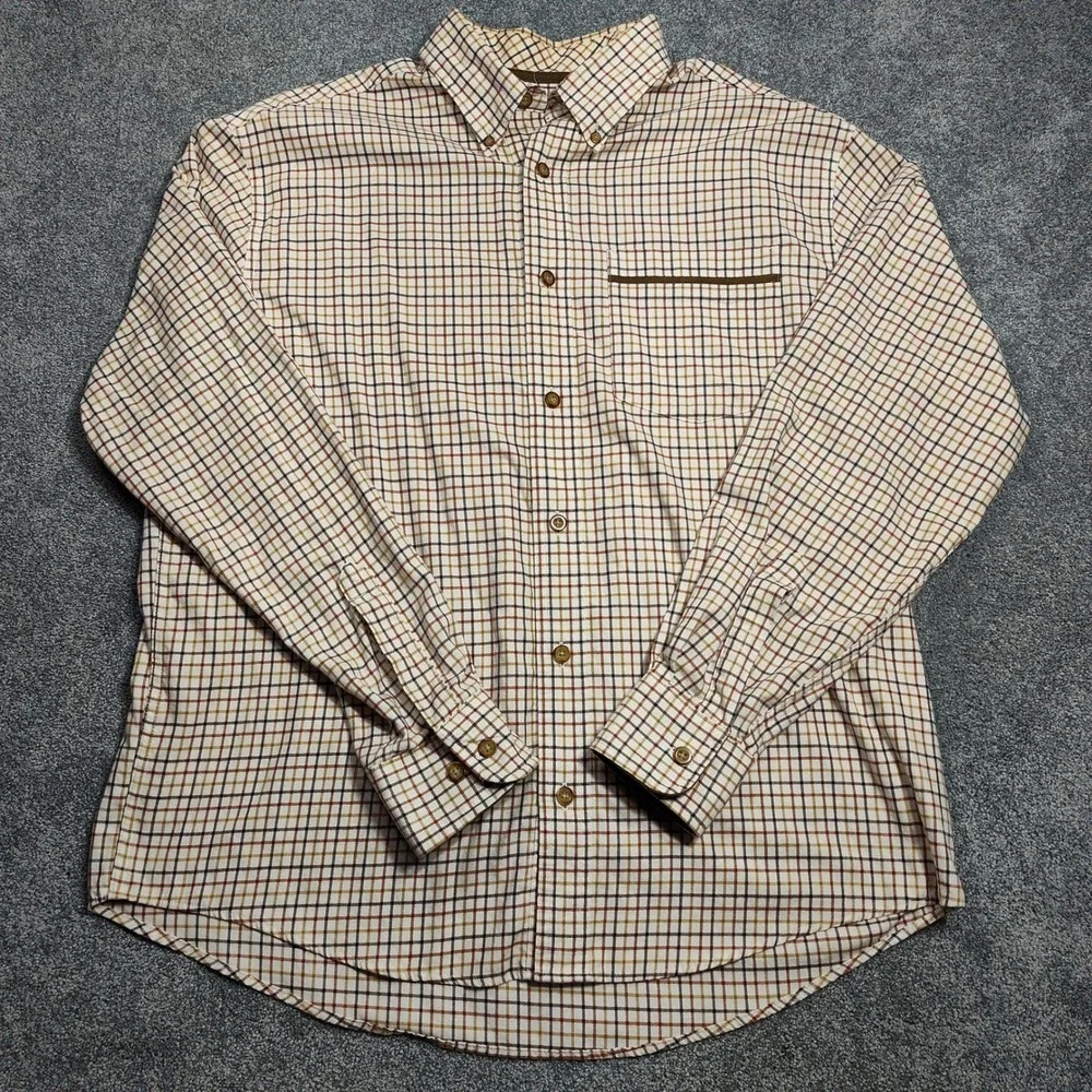 Cabelas Mens Long Sleeve Plaid Button Up Shirt Brown Tan Pocket Casual L